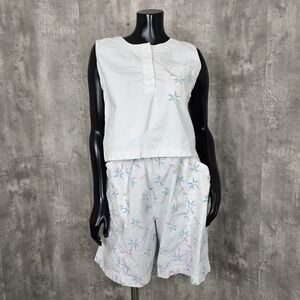 Vintage 90s Kikomo Size L White Pastel Palm Tree Pattern Shorts Tank Set Outfit